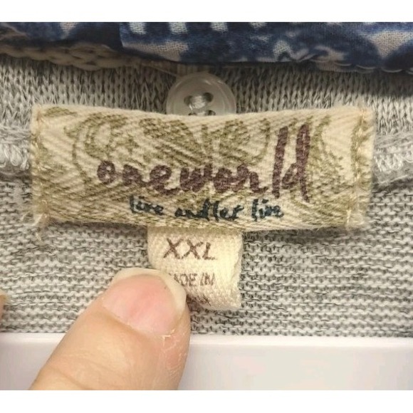 One World Womens 2X Top 3/4 Sleeve Detachable Scarf Gray Blue Shirt Hippie Boho - Picture 4 of 13